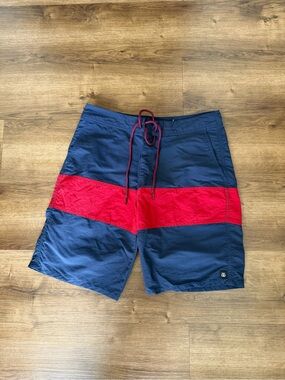 Men's Navy Swim Board Shorts with Red Stripe
